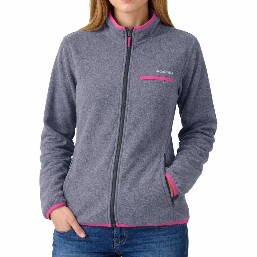 Columbia Womens Full Zip Fleece Jacket Gray with Pink Trim Medium Hiking Outdoor